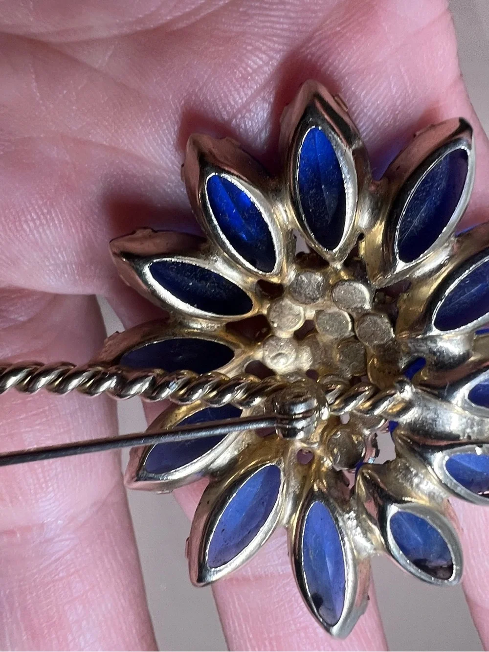 WEISS Signed Blue and Green Floral Crystal Brooch